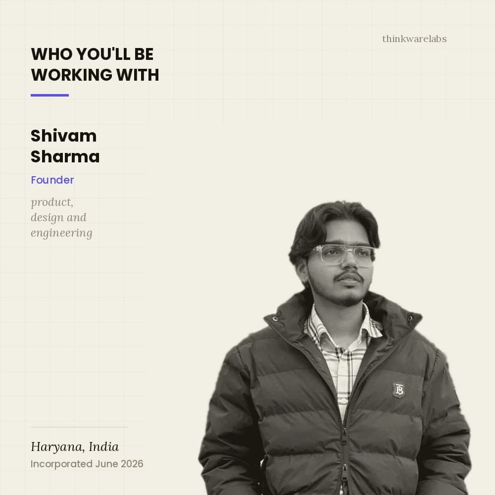 Shivam Sharma, founder — product, design and engineering. No account manager in the middle.